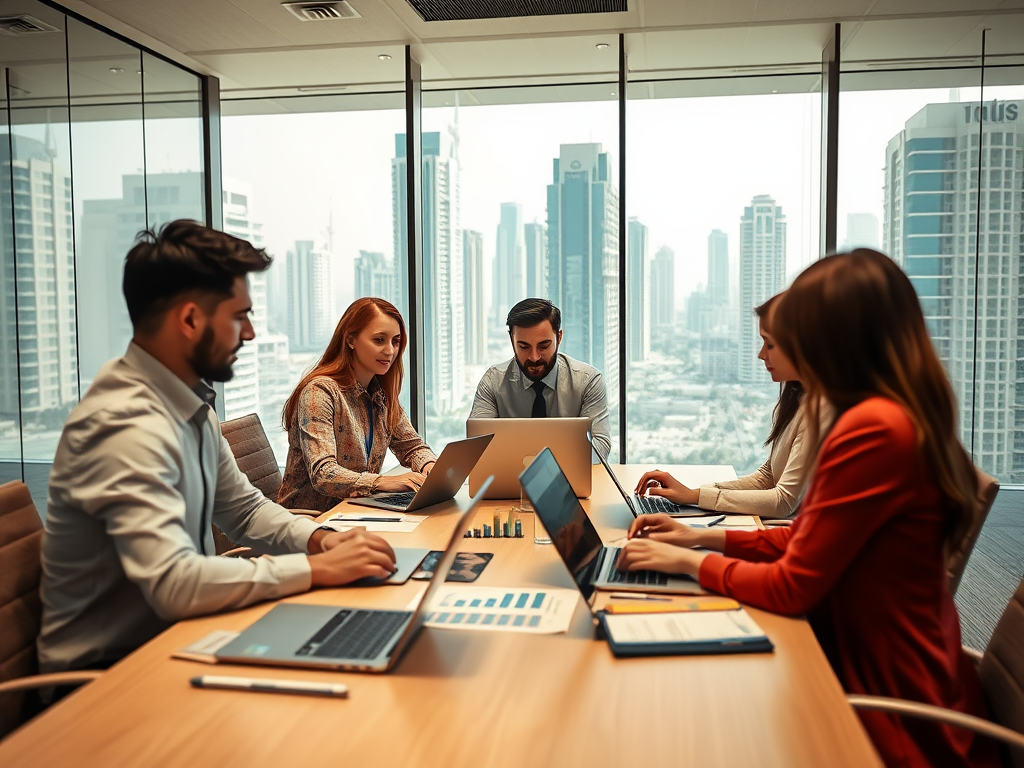 A group of five professionals collaborates around a conference table, using laptops and cityscape visible through windows.