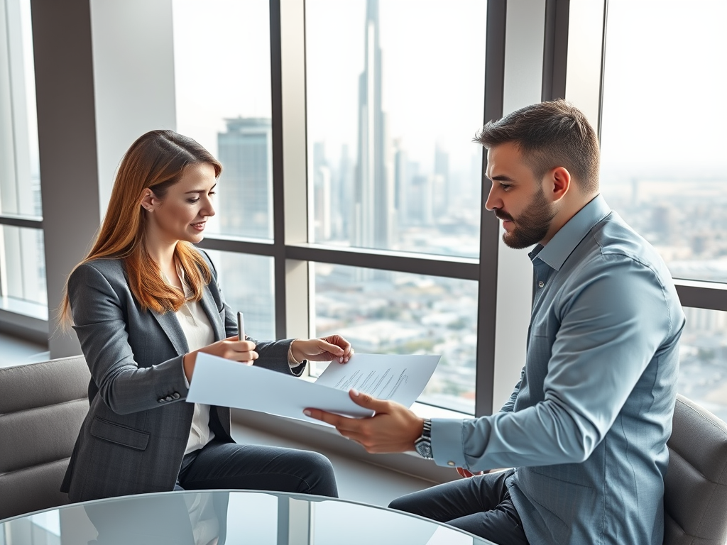 A man and woman are discussing documents at a table with a city view through large windows.