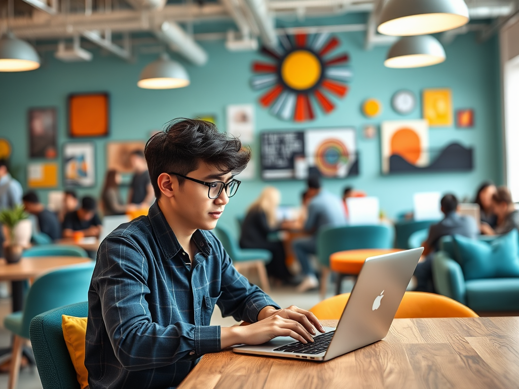 A young man with glasses works on a laptop in a colorful, busy café with artwork on the walls.