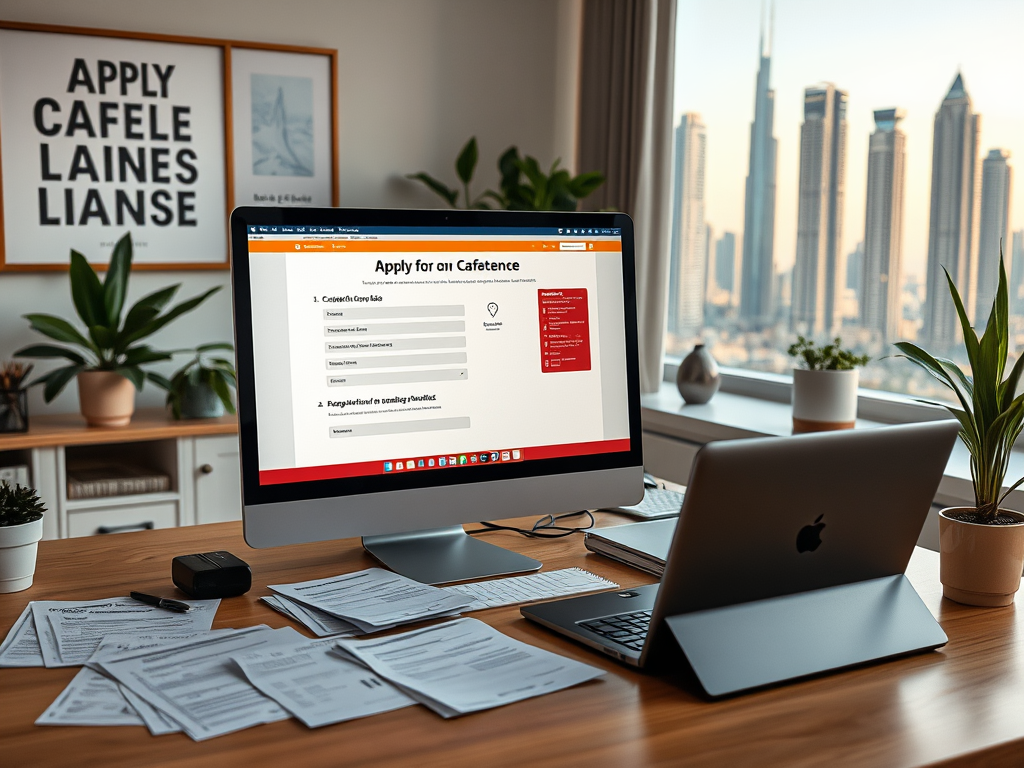 A modern desk with a computer displaying an application form, surrounded by plants and paperwork, overlooking a city skyline.