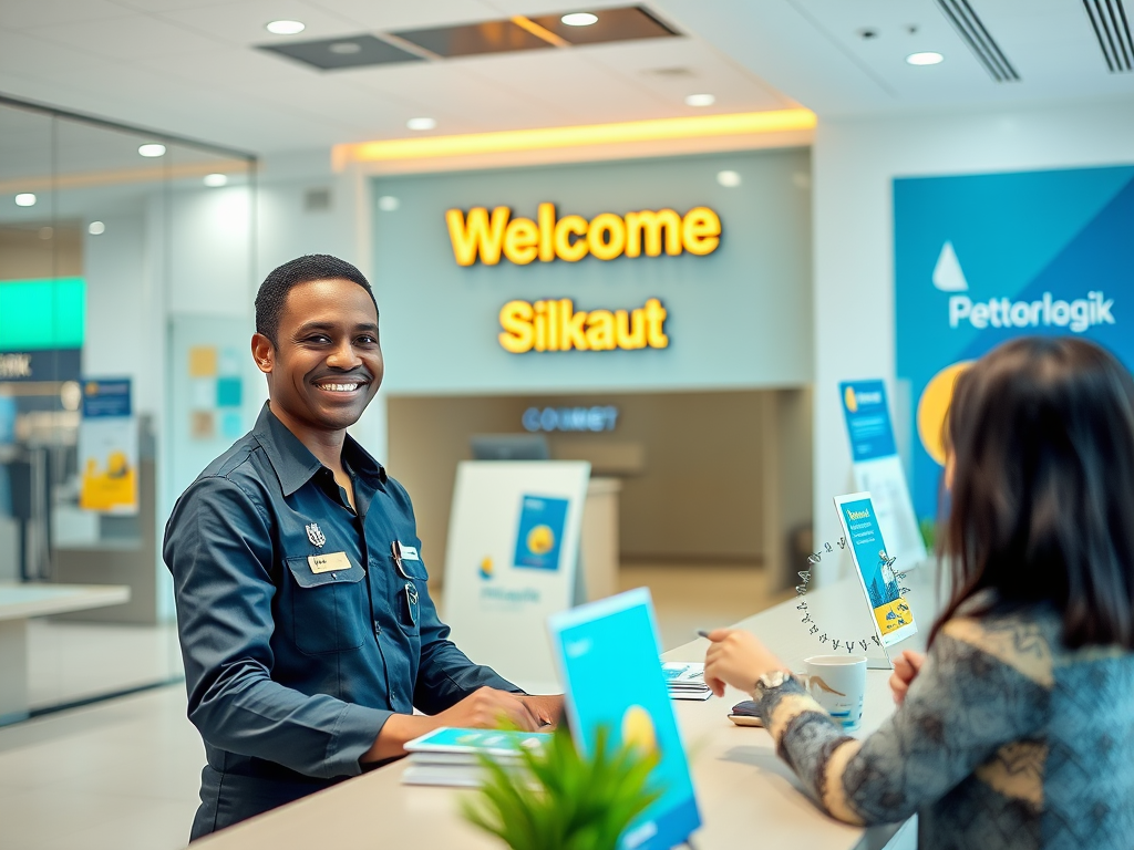 A smiling employee welcomes a customer at a reception desk, with "Welcome Silkaunt" prominently displayed behind them.