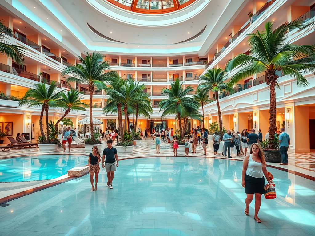 A luxurious hotel lobby with palm trees, a pool, and guests mingling under a large skylight.