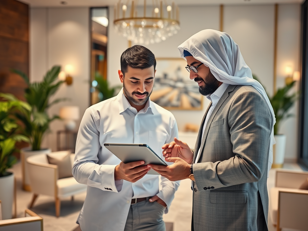 Two men in business attire discuss a tablet in a modern office setting with plants in the background.