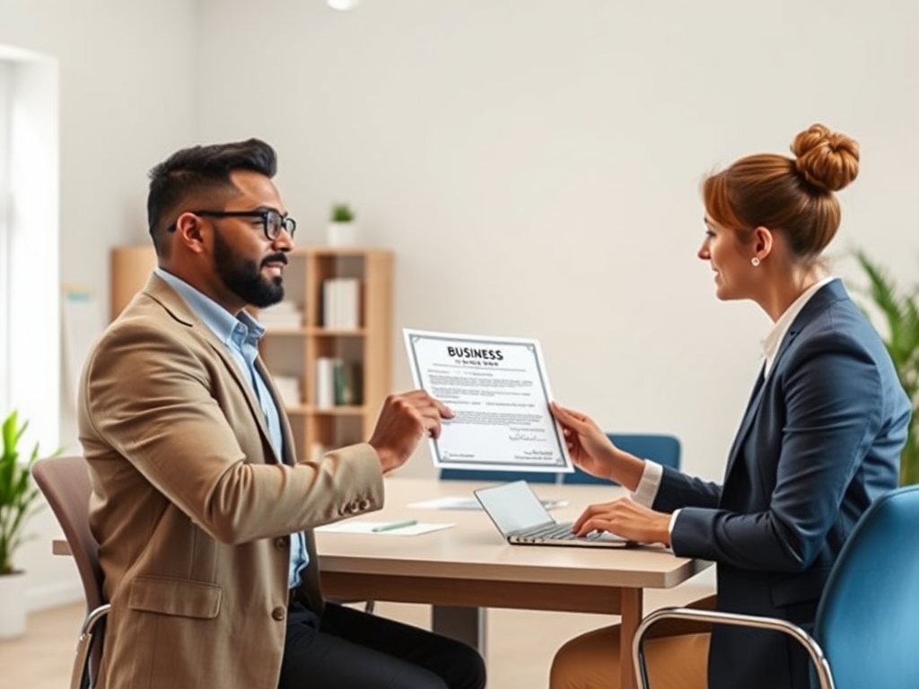 A man and a woman discuss a document labeled "Business" in a modern office setting.