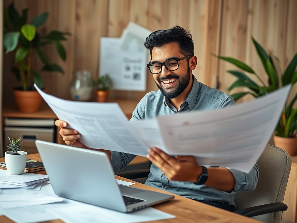 A smiling man in a gray shirt reviews papers at a desk with a laptop and plants in the background.