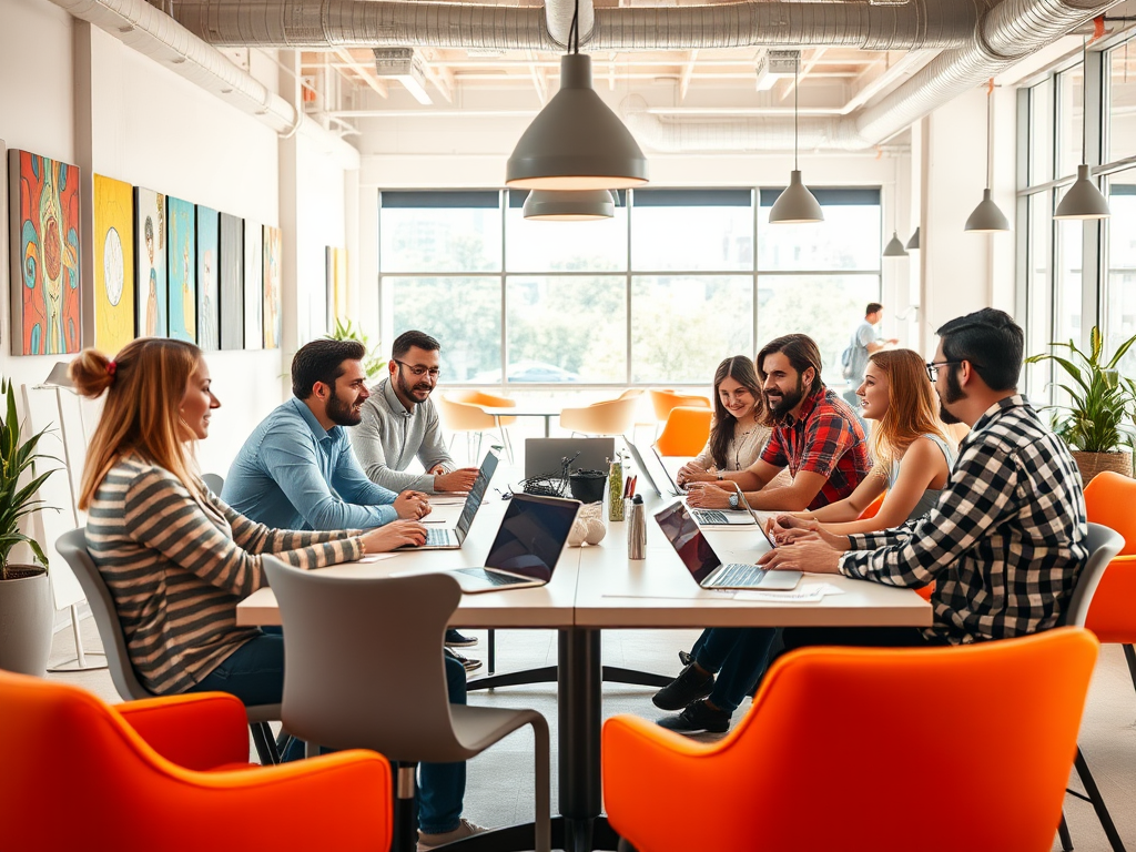 A diverse group of six people collaborate at a bright, modern workspace, using laptops and sharing ideas.