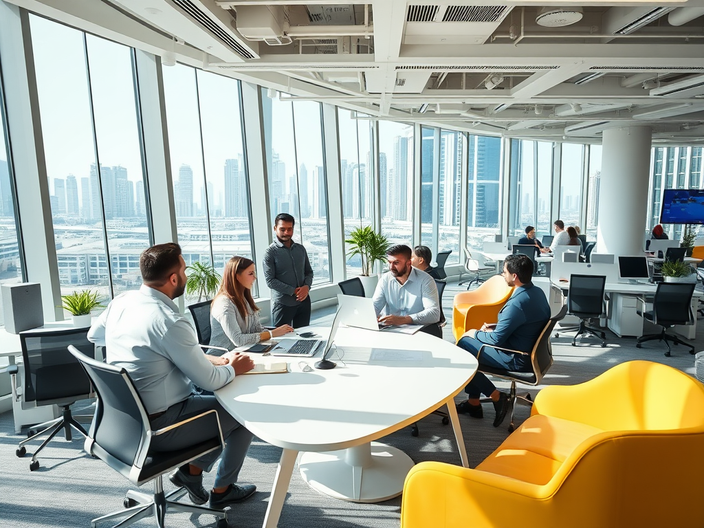 A modern office with professionals collaborating at a round table, large windows showing a city skyline in the background.