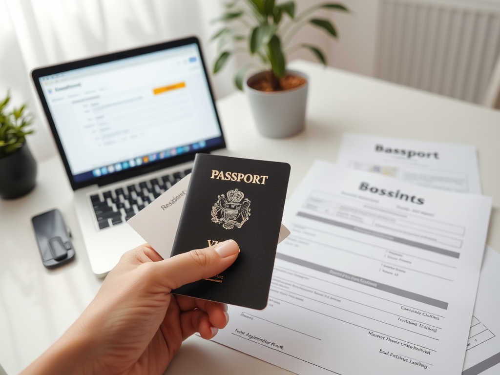 A person holds a passport and a residency card, with a laptop and paperwork on a desk in the background.